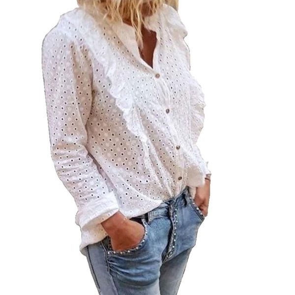 women blouse lace up hollow out full length regular sleeve turn-down collar polka dot printed button women's blouses & shirts, White
women blouse lace up hollow out full length regular sleeve turn-down collar polka dot printed button women's blouses & shirts, White