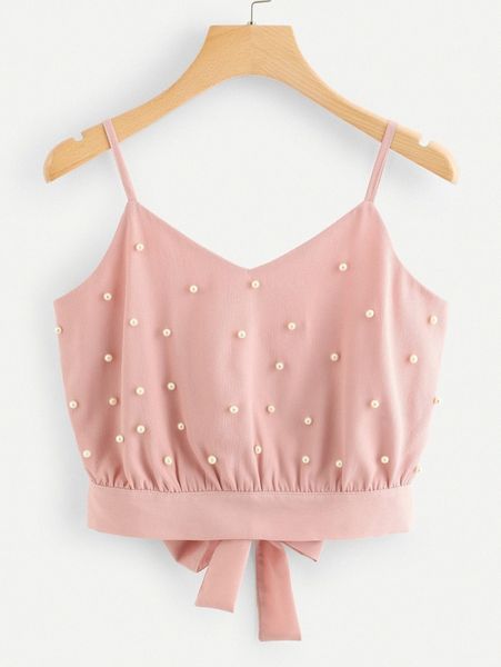 faux pearl chiffon self-tie cami x5jq#, White
