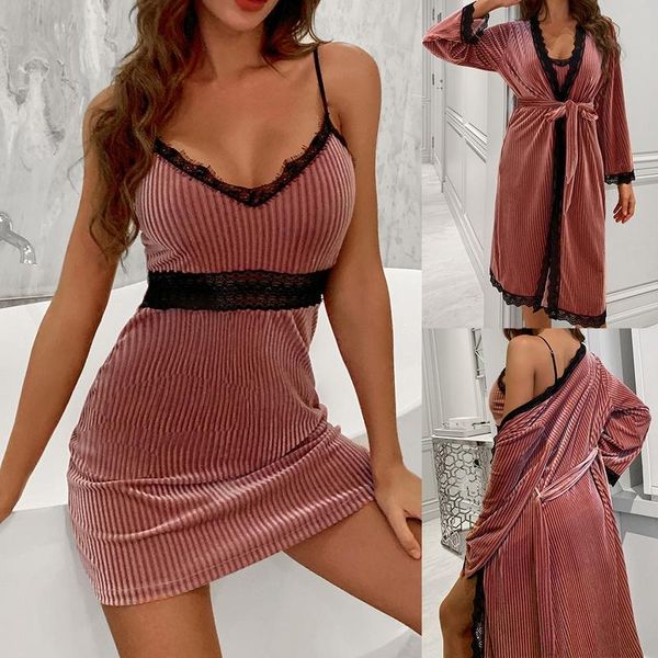women's sleepwear fall winter 2021 two piece set gold velvet pajamas lace striped nightdress nightgown homesuit, Black;red