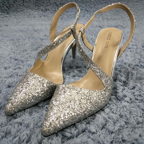 dress shoes silver glitter sandal high heel wedding bridals party women summer pointed toe back strap stiletto 9cm shoe, Black
dress shoes silver glitter sandal high heel wedding bridals party women summer pointed toe back strap stiletto 9cm shoe, Black