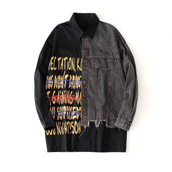 women's blouses & shirts spring letter print denim stitching woman turn down collar loose long sleeve women boyfriend cardigan str, White
women's blouses & shirts spring letter print denim stitching woman turn down collar loose long sleeve women boyfriend cardigan str, White