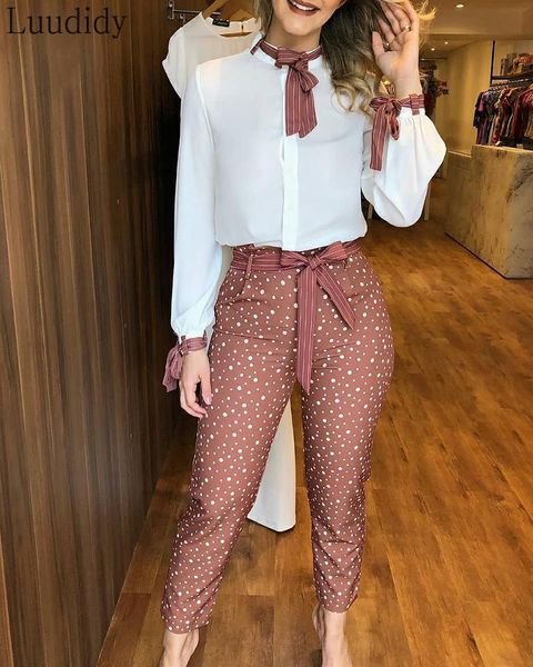 women's tracksuits women casual 2 pieces set tied detail white shirt & polkadot print pants, Gray
women's tracksuits women casual 2 pieces set tied detail white shirt & polkadot print pants, Gray