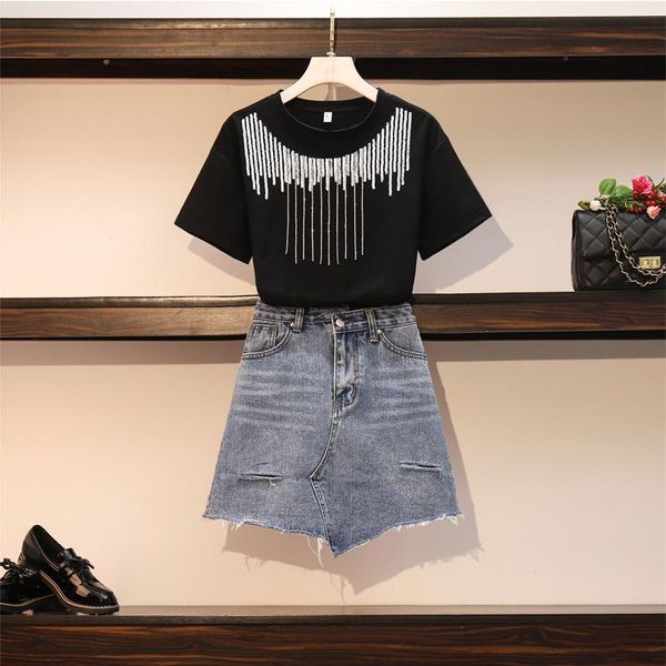 summer large size womens set fashion sequined short sleeve solid t-shirt + ripped hole denim skirt suits 2 piece women two dress, White
summer large size womens set fashion sequined short sleeve solid t-shirt + ripped hole denim skirt suits 2 piece women two dress, White