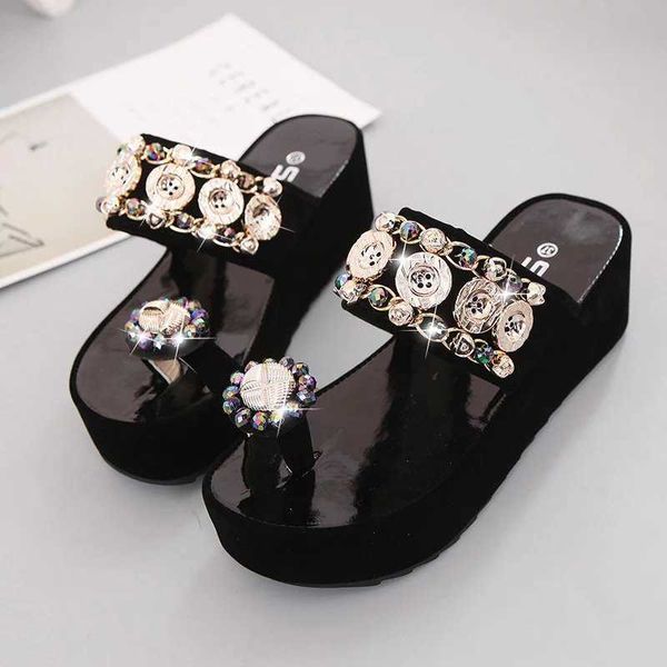 2020 new diamond shoes muffin thick women's fashion toe sandals, Black
