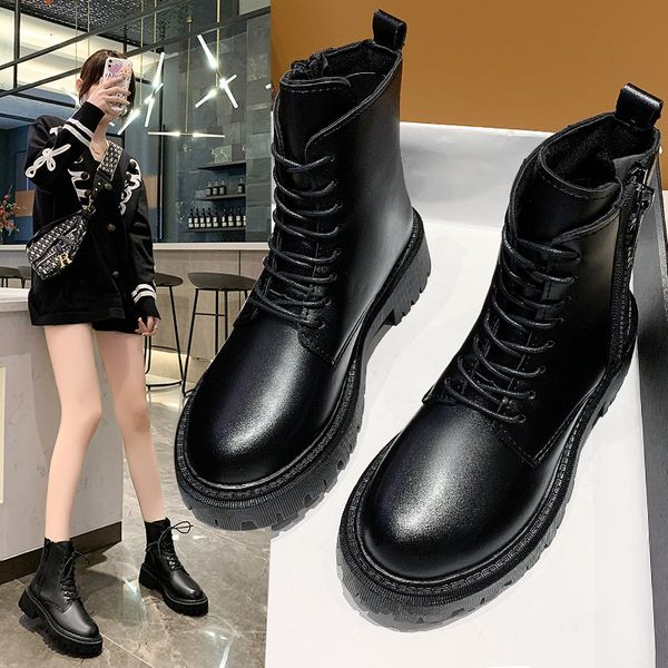 net red thin boots women's fall 2021 british style round head lace up martin thick heel locomotive, Black
net red thin boots women's fall 2021 british style round head lace up martin thick heel locomotive, Black