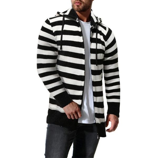 men's sweaters autumn and winter fashion stripe color matching casual knitting sweater hooded cardigan coat for men, White;black
men's sweaters autumn and winter fashion stripe color matching casual knitting sweater hooded cardigan coat for men, White;black