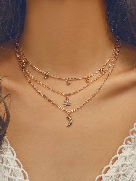chains metallic polygonal star and moon 3 layer necklace geometric pendant girl party wear gift jewelry, Silver
chains metallic polygonal star and moon 3 layer necklace geometric pendant girl party wear gift jewelry, Silver