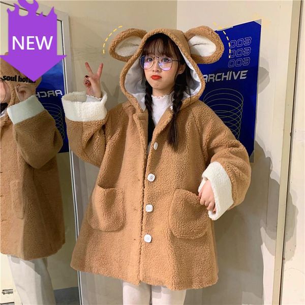 women's trench coats warm soft fur button fleece hooded jacket pocket cute ear plush overcoat elegant faux kawaii teddy bear coat women, Tan;black
women's trench coats warm soft fur button fleece hooded jacket pocket cute ear plush overcoat elegant faux kawaii teddy bear coat women, Tan;black