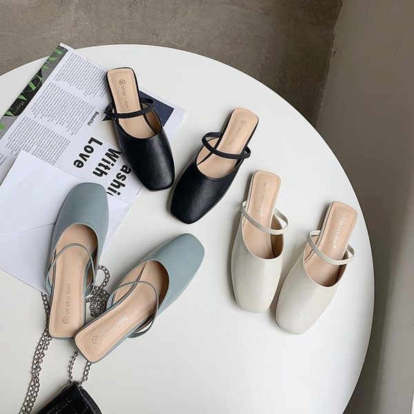slippers spring 2021 square half wear style flat bottom muller sandals women's drag rubber daily pu, Black 
slippers spring 2021 square half wear style flat bottom muller sandals women's drag rubber daily pu, Black