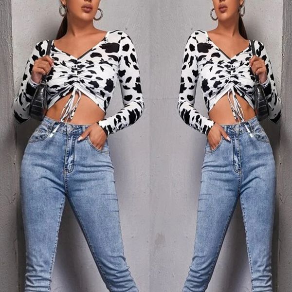 2020 autumn new ruffle drawstring cow print v-neck long sleeve short t-shirt for women, White
2020 autumn new ruffle drawstring cow print v-neck long sleeve short t-shirt for women, White