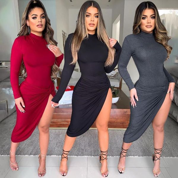 european and american style long-sleeved solid color tight-fitting women's dress elegant round neck stitching high wais1, Black;gray 
european and american style long-sleeved solid color tight-fitting women's dress elegant round neck stitching high wais1, Black;gray