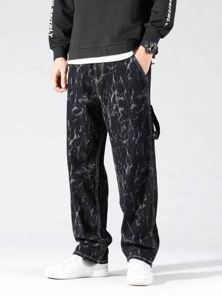 men marble print patched detail jeans d6v5#, Blue 
men marble print patched detail jeans d6v5#, Blue