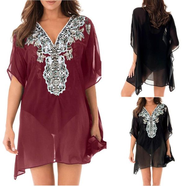 women fashion chiffon swimwear v-neck beach printed short sleeve dress bathing bikini cover up swimsuit women's, White;black 
women fashion chiffon swimwear v-neck beach printed short sleeve dress bathing bikini cover up swimsuit women's, White;black