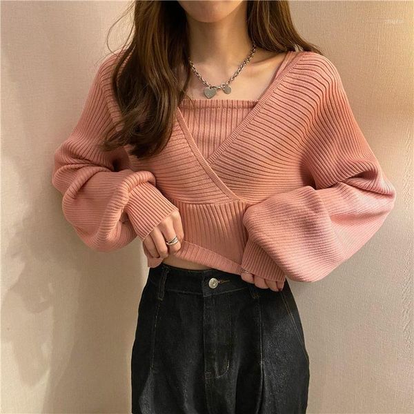 women's sweaters woman 2021 spring autumn stylish wild halter v neck loose shoulder fake two korean short fashion sweater women, White;black
women's sweaters woman 2021 spring autumn stylish wild halter v neck loose shoulder fake two korean short fashion sweater women, White;black