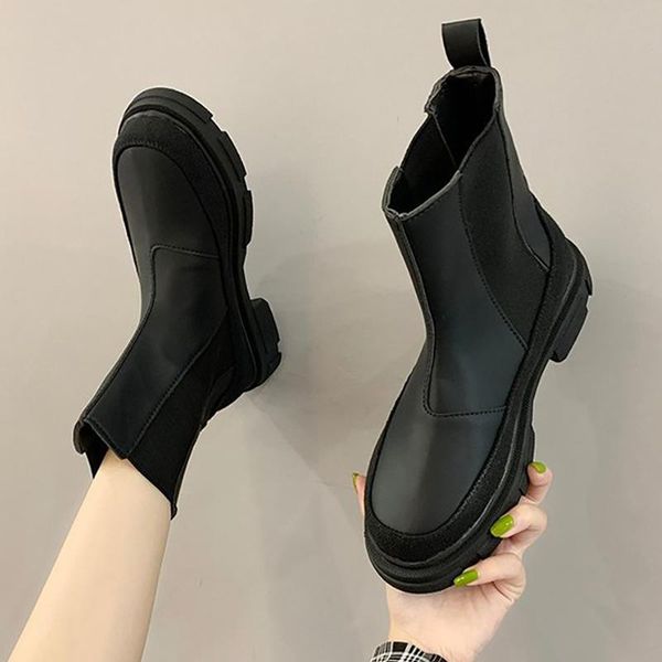 boots women ankle autumn winter platform round toe strech thick bottom shoes casual botas mujer, Black