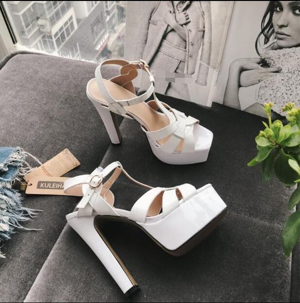 summer super high heel platform chunky sandals real patent leather 15cm woman sandal, Black
summer super high heel platform chunky sandals real patent leather 15cm woman sandal, Black