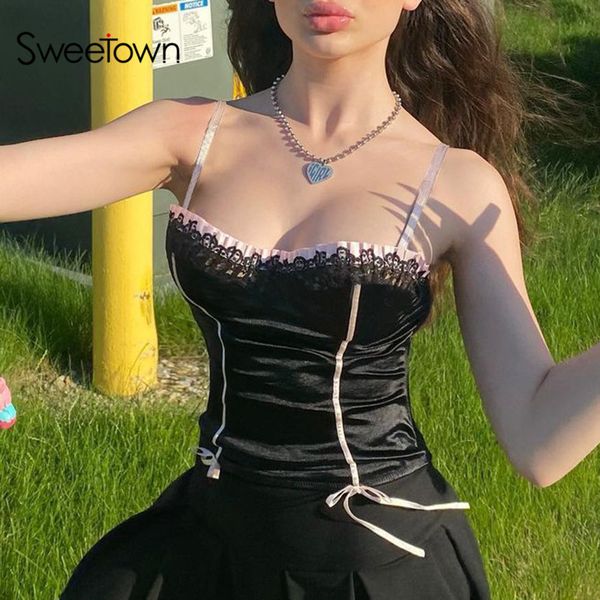 sweetown black goth aesthetic cami crop patchwork lace trim vintage e girl clothes contrast stitched lace up summer y2k, Black;white
sweetown black goth aesthetic cami crop patchwork lace trim vintage e girl clothes contrast stitched lace up summer y2k, Black;white