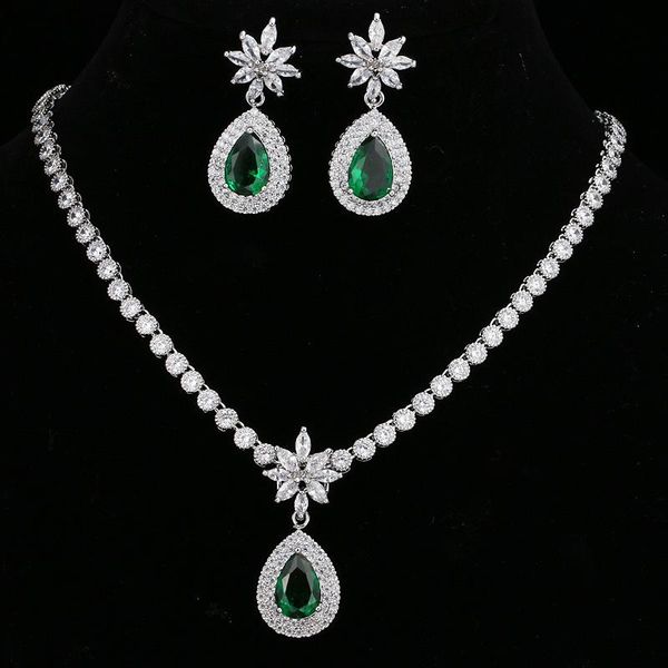 earrings & necklace green cubic zirconia women earring and sets, Silver