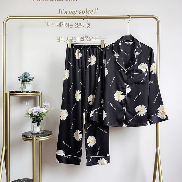 fashion girls long sleeve +pants sleepwear womens daisy printed rayon satin cute pajamas casual lounge wear, Black;red 
fashion girls long sleeve +pants sleepwear womens daisy printed rayon satin cute pajamas casual lounge wear, Black;red