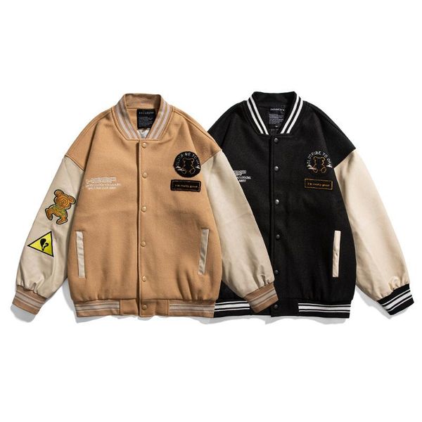 men's jackets autumn bear towel embroid pu leather sleeve bomber coat baseball letter jacket women's patchwork varsity, Black;brown