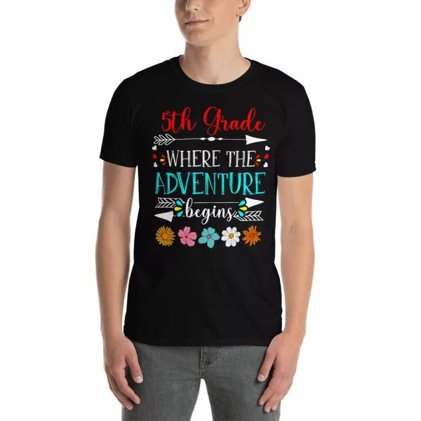 5th grade where the adventure begins cute back to school student teacher shirt, White;black
5th grade where the adventure begins cute back to school student teacher shirt, White;black