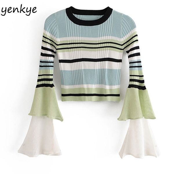 women design vintage striped cropped sweater o neck layered flare sleeve pullover autumn knit jumper omzz7015 210514, White;black
women design vintage striped cropped sweater o neck layered flare sleeve pullover autumn knit jumper omzz7015 210514, White;black