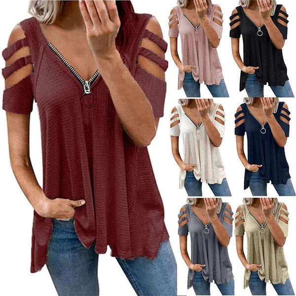 women's t-shirt 2021 summer fashion v-neck zipper off shoulder short sleeve solid color loose for women, White
women's t-shirt 2021 summer fashion v-neck zipper off shoulder short sleeve solid color loose for women, White