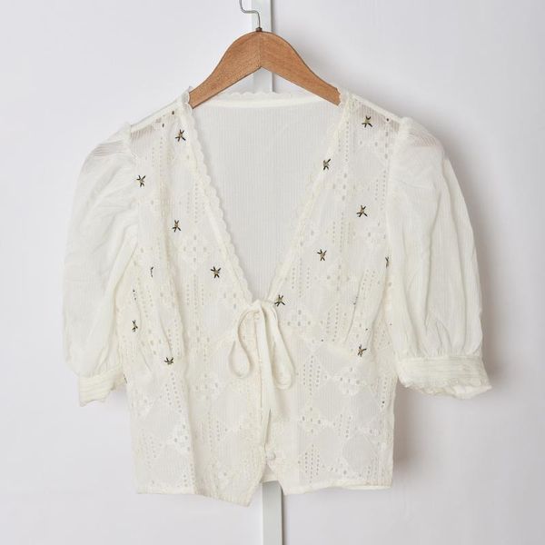 women's blouses & shirts embroidery flower shirt deep v short sleeve lace-up white summer lady and blouse with buttons
women's blouses & shirts embroidery flower shirt deep v short sleeve lace-up white summer lady and blouse with buttons