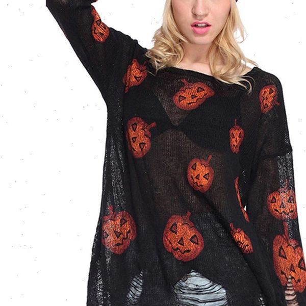 women t shirt halloween pumpkin punk print autumn pullover personalized hole knitted sweater long sleeve see through female, White
women t shirt halloween pumpkin punk print autumn pullover personalized hole knitted sweater long sleeve see through female, White