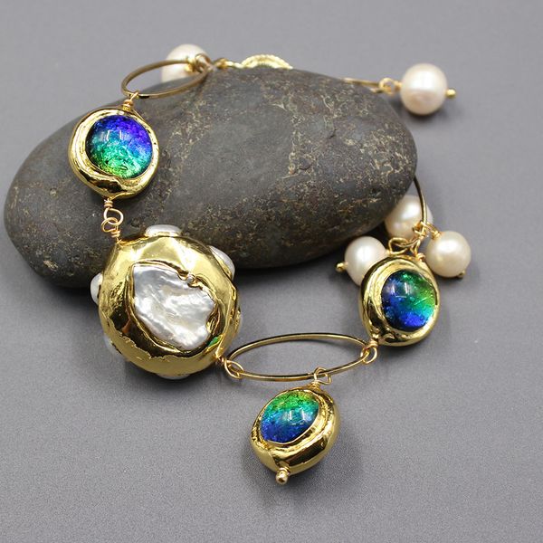 guaiguai jewelry natural freshwater cultured white keshi pearl blue murano glass chain bracelet 8" handmade for lady, Black
guaiguai jewelry natural freshwater cultured white keshi pearl blue murano glass chain bracelet 8" handmade for lady, Black