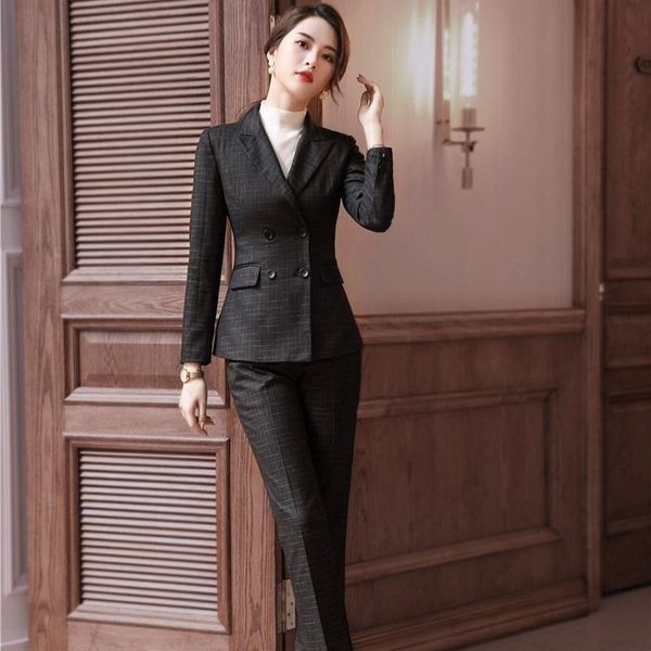 women's two piece pants autumn women blazer and sets 2 pieces ol styles double breasted plaid jacket formal professional suits trousers, White
women's two piece pants autumn women blazer and sets 2 pieces ol styles double breasted plaid jacket formal professional suits trousers, White