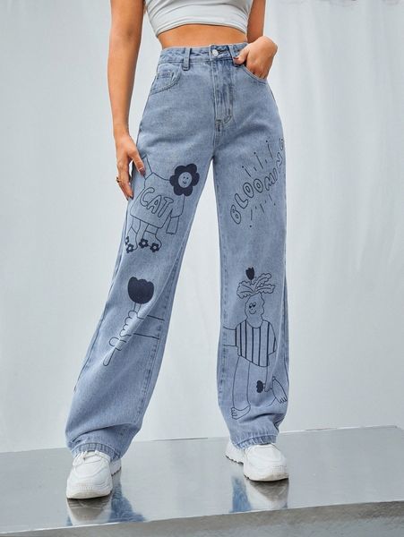 slogan & cartoon graphic wide leg jeans a7xw#, Blue