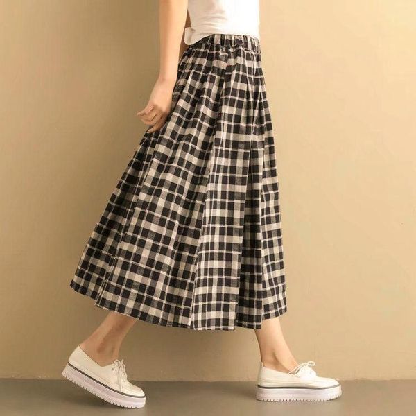 skirts school girl elastic waist vintage plaid a-line pleated long skirt, Black 
skirts school girl elastic waist vintage plaid a-line pleated long skirt, Black