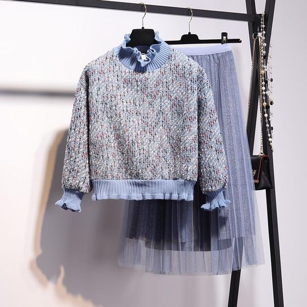 two piece dress autumn women mesh skirt sweater set knit tweed weave pullover long sleeve +shiny pleated 2 sets, White
two piece dress autumn women mesh skirt sweater set knit tweed weave pullover long sleeve +shiny pleated 2 sets, White