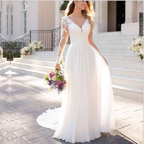 2021 long sleeve gowns a-line beach chiffon wedding dresses lace v-neck applique back zipper white bridal gown
2021 long sleeve gowns a-line beach chiffon wedding dresses lace v-neck applique back zipper white bridal gown