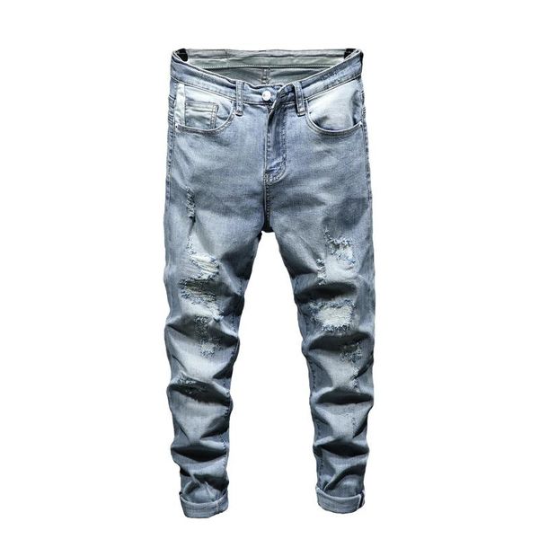 men's ripped jeans skinny stretch spring moto distressed hip hop streetwear denim trousers, Blue
men's ripped jeans skinny stretch spring moto distressed hip hop streetwear denim trousers, Blue