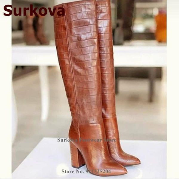 boots surkova brown crocodile pattern chunky heel knee pointed toe snakeskin square dress fall winter outdoor shoes, Black
boots surkova brown crocodile pattern chunky heel knee pointed toe snakeskin square dress fall winter outdoor shoes, Black