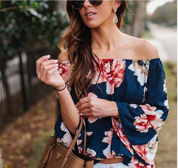 women's blouses & shirts singwing women floral chiffon blouse off shoulder printed flower slash neck flare sleeve female, White
women's blouses & shirts singwing women floral chiffon blouse off shoulder printed flower slash neck flare sleeve female, White