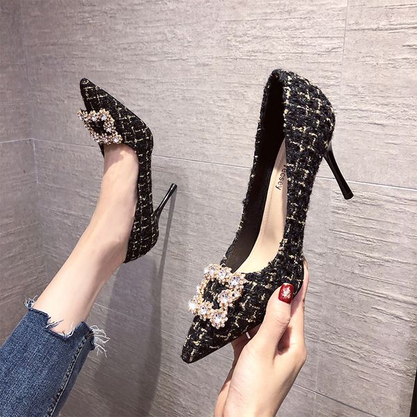 2021 New High Heels Pumps Women Fashion Pointed Toe Office Shoes Womens Solid Flock Shallow High Heels Shoes For Women Stiletto, Heel height 6cm