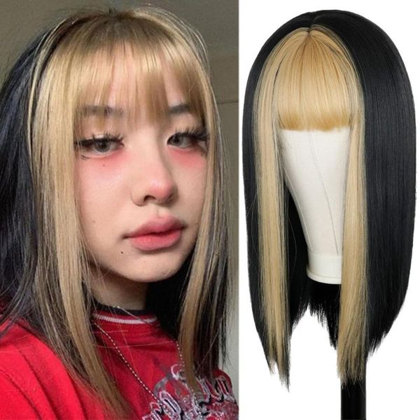 synthetic wigs brown wig with deep golden bangs for women medium omber blue/pink high temperature fiber cosplay, Black
synthetic wigs brown wig with deep golden bangs for women medium omber blue/pink high temperature fiber cosplay, Black