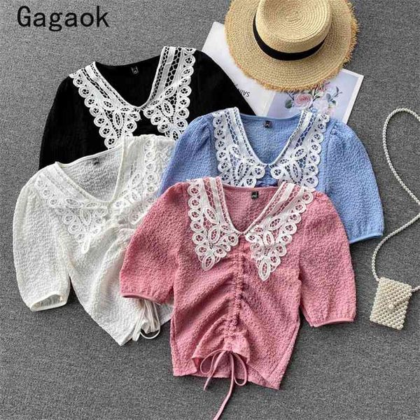 blouse women summer sweet solid peter pan collar puff sleeve short shirts slim korean chic wild fashoin blouses 210531, White
blouse women summer sweet solid peter pan collar puff sleeve short shirts slim korean chic wild fashoin blouses 210531, White