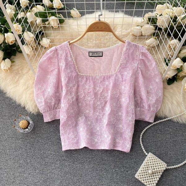 women's blouses & shirts summer fashion short puff sleeve blouse beaded square neck slim retro embroidered shirt t407, White
women's blouses & shirts summer fashion short puff sleeve blouse beaded square neck slim retro embroidered shirt t407, White