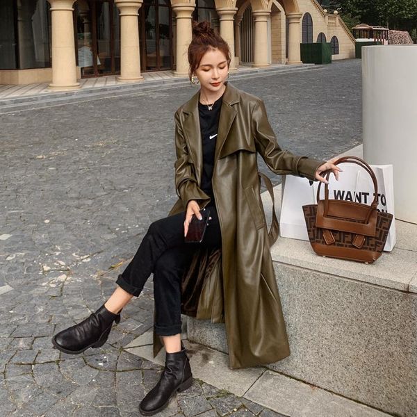 women's trench coats brand fashion pu leather coat for women duster lady cloak with belt spring autumn outerwear female clothes, Tan;black
women's trench coats brand fashion pu leather coat for women duster lady cloak with belt spring autumn outerwear female clothes, Tan;black