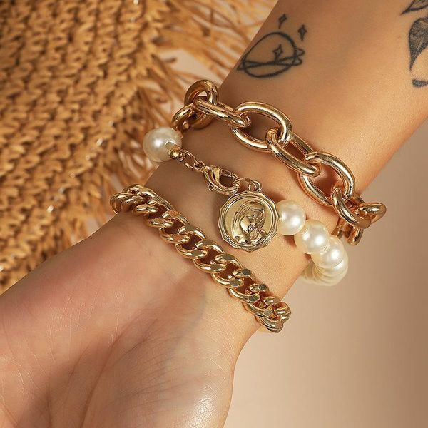 link, chain 3pcs punk snake bracelets set for women boho metal portrait coin pearl charm thick bangles fashion jewelry, Black
link, chain 3pcs punk snake bracelets set for women boho metal portrait coin pearl charm thick bangles fashion jewelry, Black