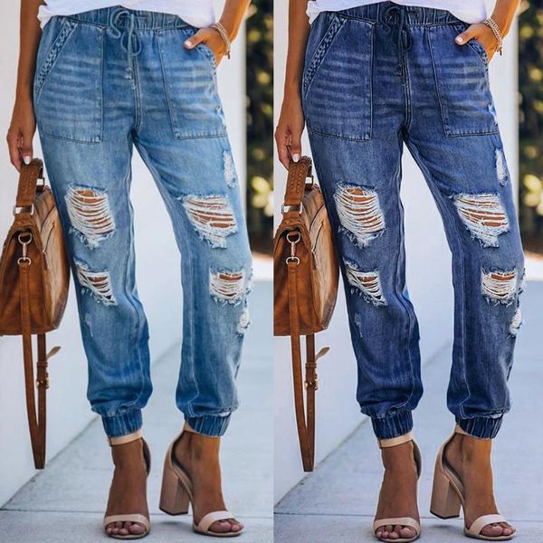 women's jeans european and american autumn elastic waist drawstring design ripped denim casual pants harem female trend, Blue
women's jeans european and american autumn elastic waist drawstring design ripped denim casual pants harem female trend, Blue