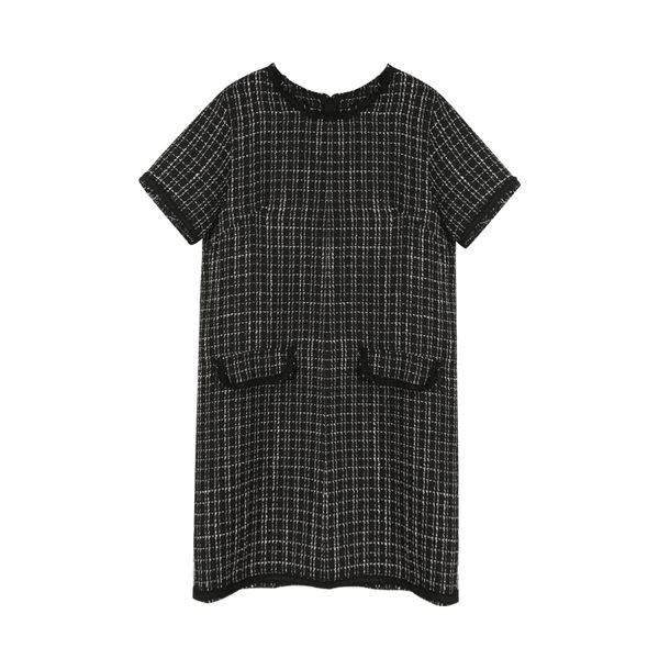 white black tweed straight dress o neck short sleeve mini elegant chic summer d1018 210514, Black;gray
white black tweed straight dress o neck short sleeve mini elegant chic summer d1018 210514, Black;gray