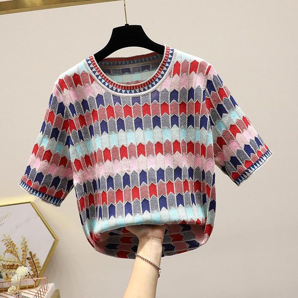 women's knits & tees jsxdhk runway plus size summer striped knitted t-shirt fashion women o neck colorful geometry plaid thin loose swe, White
women's knits & tees jsxdhk runway plus size summer striped knitted t-shirt fashion women o neck colorful geometry plaid thin loose swe, White
