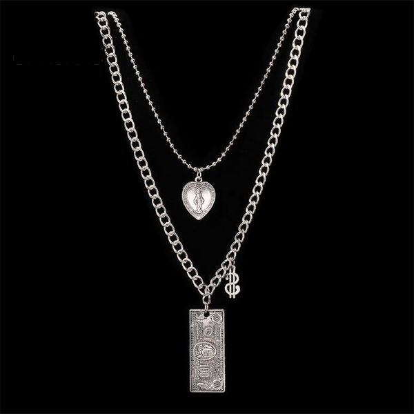 pendant necklaces double hip hop necklace banknote heart for 2021 fashion vl, Silver 
pendant necklaces double hip hop necklace banknote heart for 2021 fashion vl, Silver