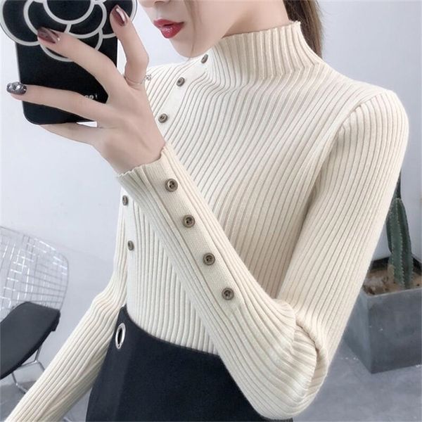 2021 women autumn slim sweaters solid knitted female cotton soft elastic color pullovers button full sleeve turtleneck, White;black
2021 women autumn slim sweaters solid knitted female cotton soft elastic color pullovers button full sleeve turtleneck, White;black