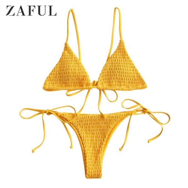 women's swimwear zaful bee yellow women shirred tie side cami bikini spaghetti straps low waisted smocked padded swimsuit, White;black 
women's swimwear zaful bee yellow women shirred tie side cami bikini spaghetti straps low waisted smocked padded swimsuit, White;black